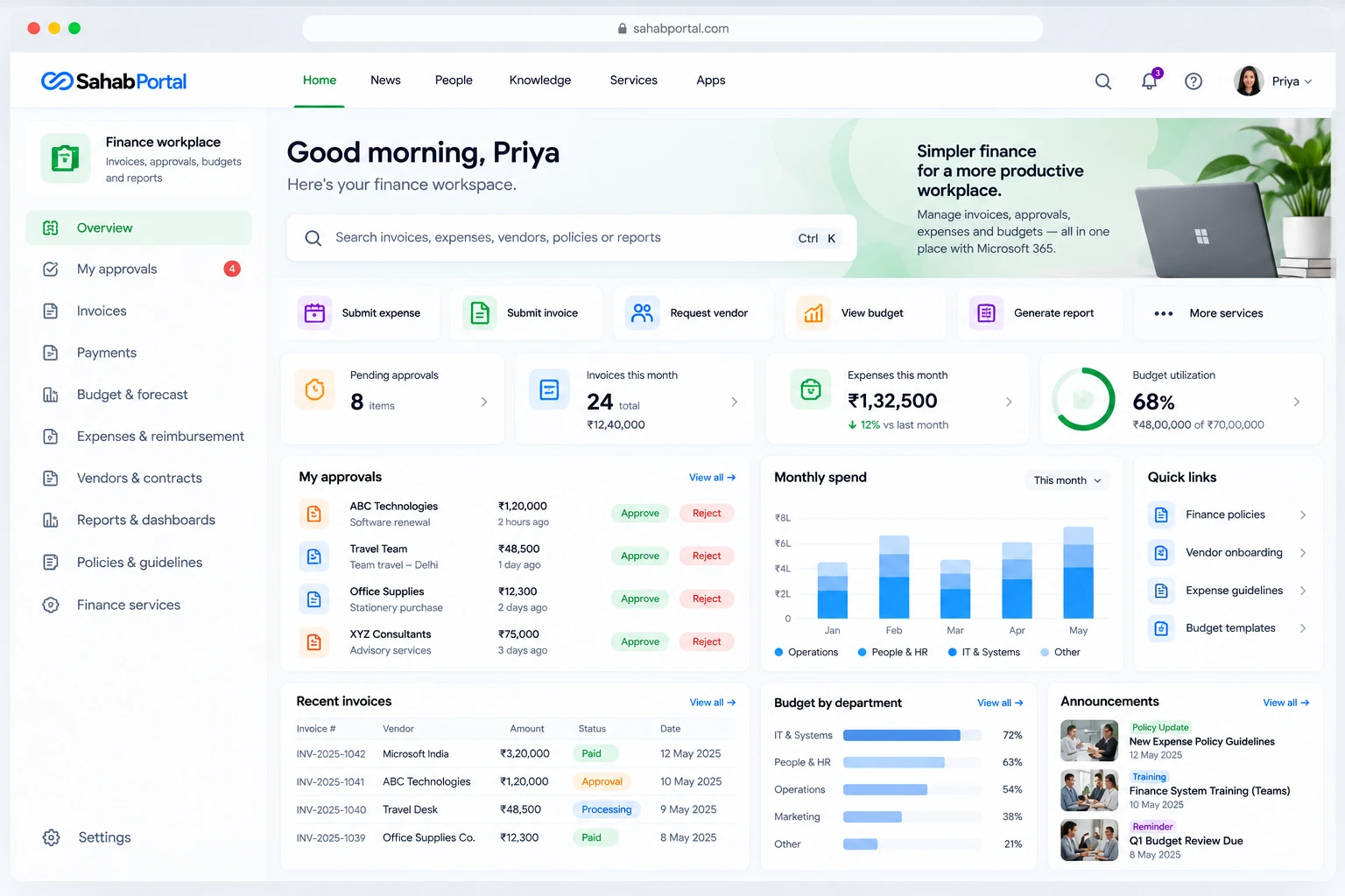 Sahab Portal Finance workplace homepage